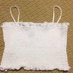 white ruffled spaghetti strap crop top